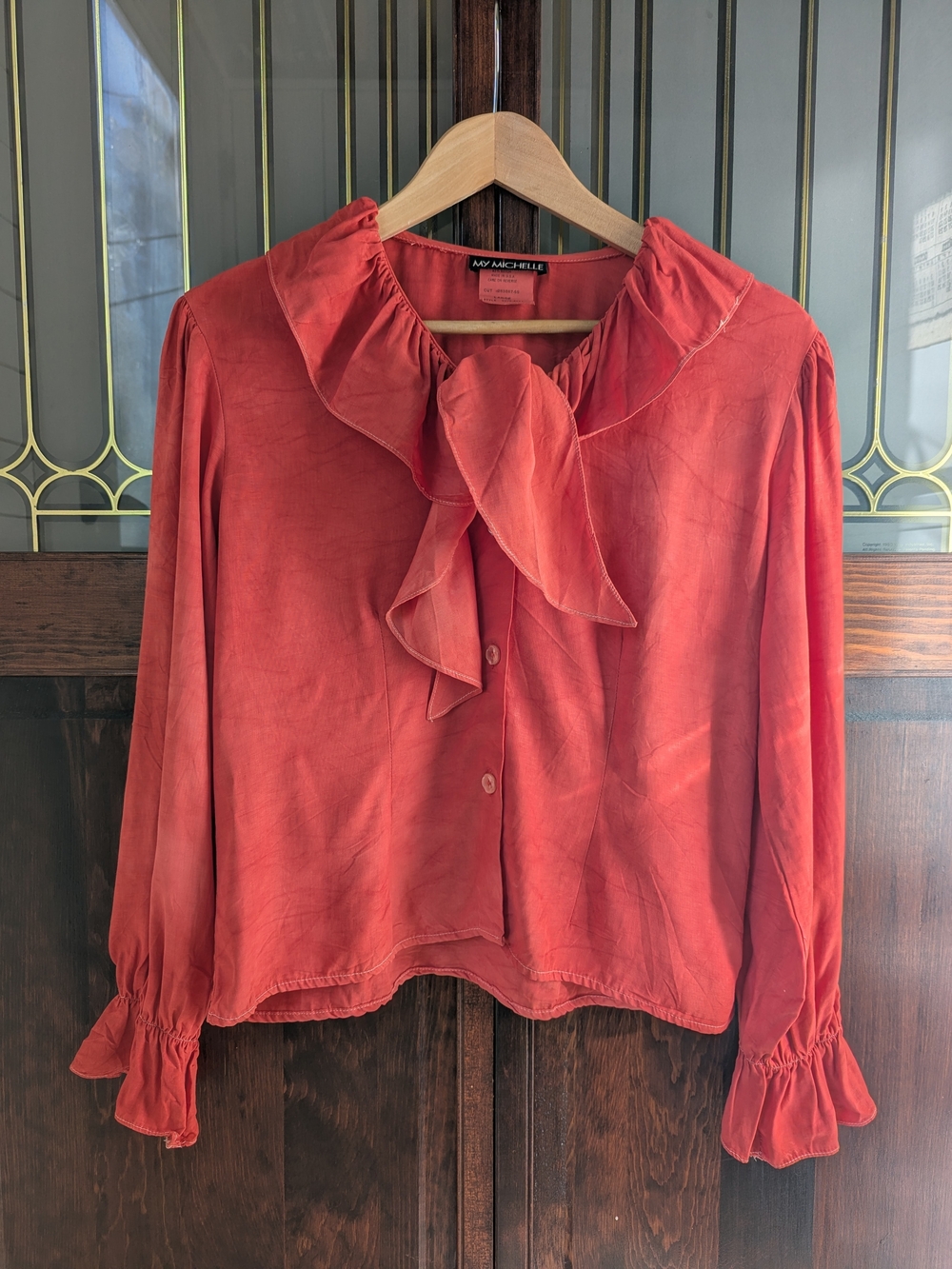 My Michelle 60s or 70s Rust-Red Tie-Neck Button Down Blouse